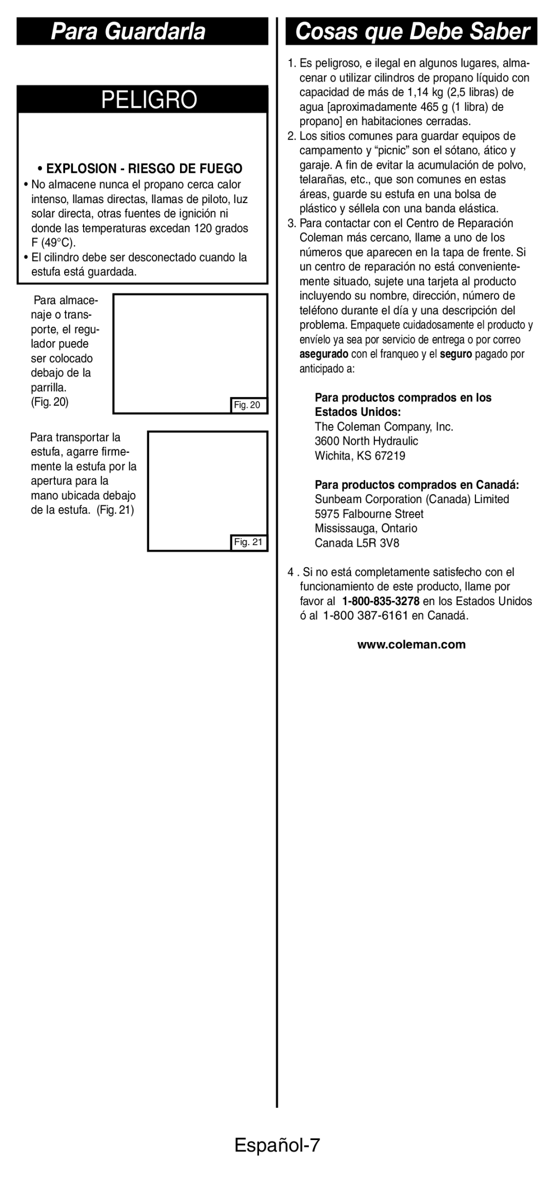 Coleman 5466A manual Para Guardarla, Cosas que Debe Saber, Español-7, Explosion Riesgo DE Fuego 
