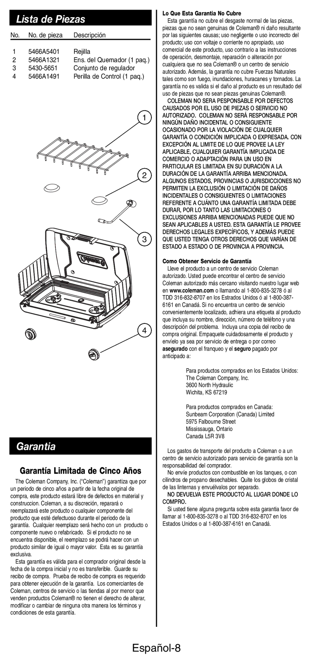 Coleman 5466A manual Lista de Piezas, Garantia, Español-8 