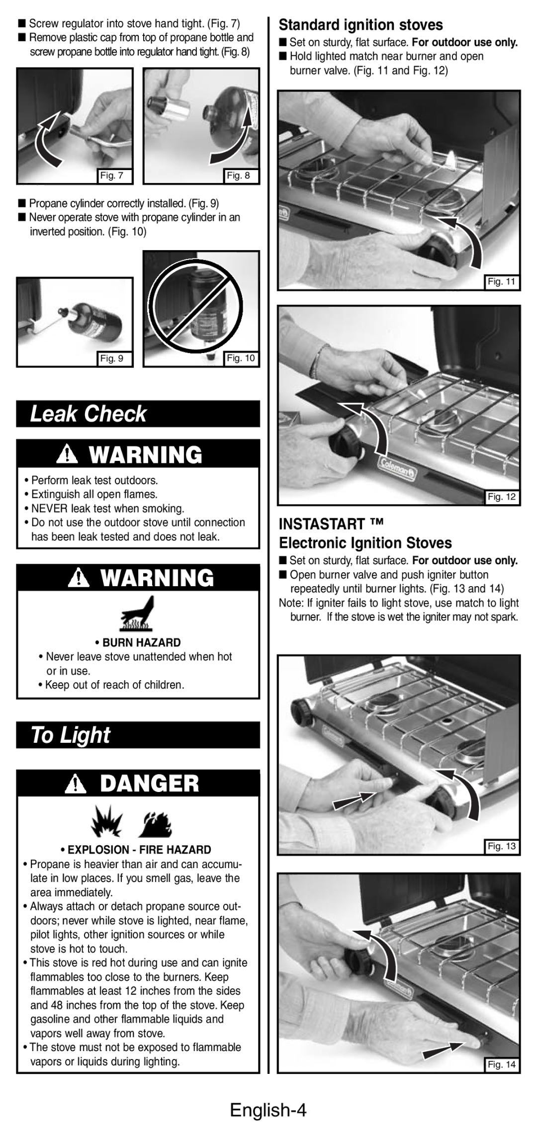 Coleman 5466A manual Leak Check, To Light, English-4, Standard ignition stoves, Electronic Ignition Stoves 