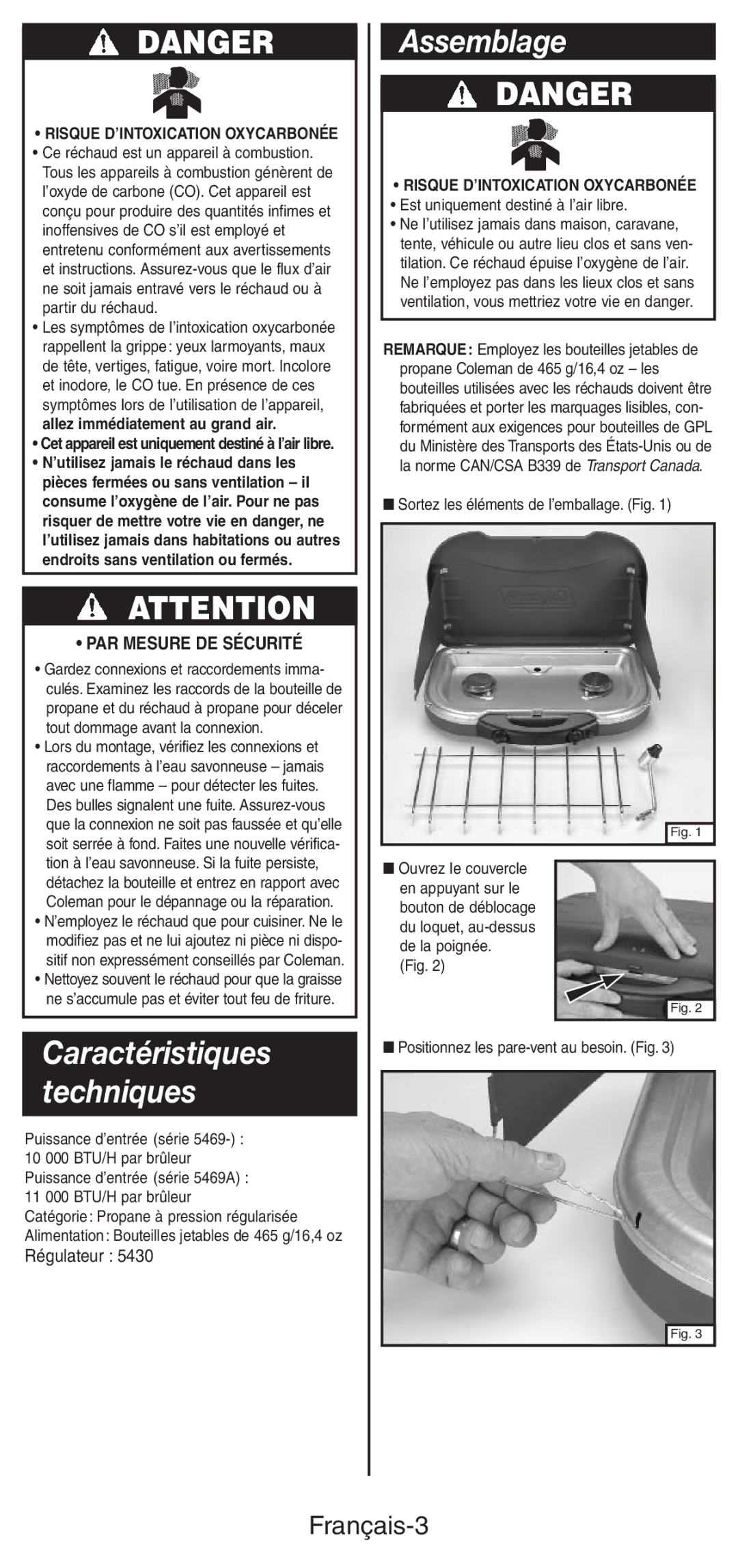 Coleman 5469A manual Assemblage, Français-3, PAR Mesure DE Sécurité, Risque D’INTOXICATION Oxycarbonée 