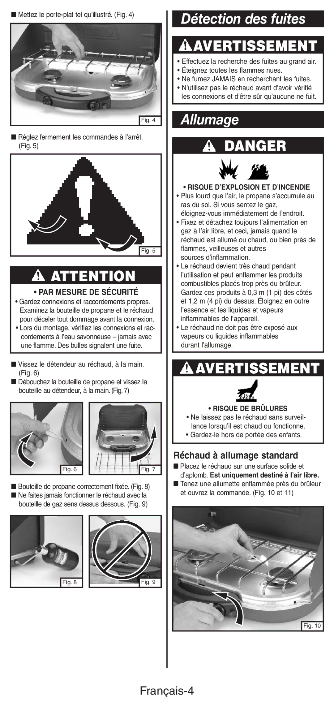 Coleman 5469A manual Détection des fuites, Allumage, Français-4 