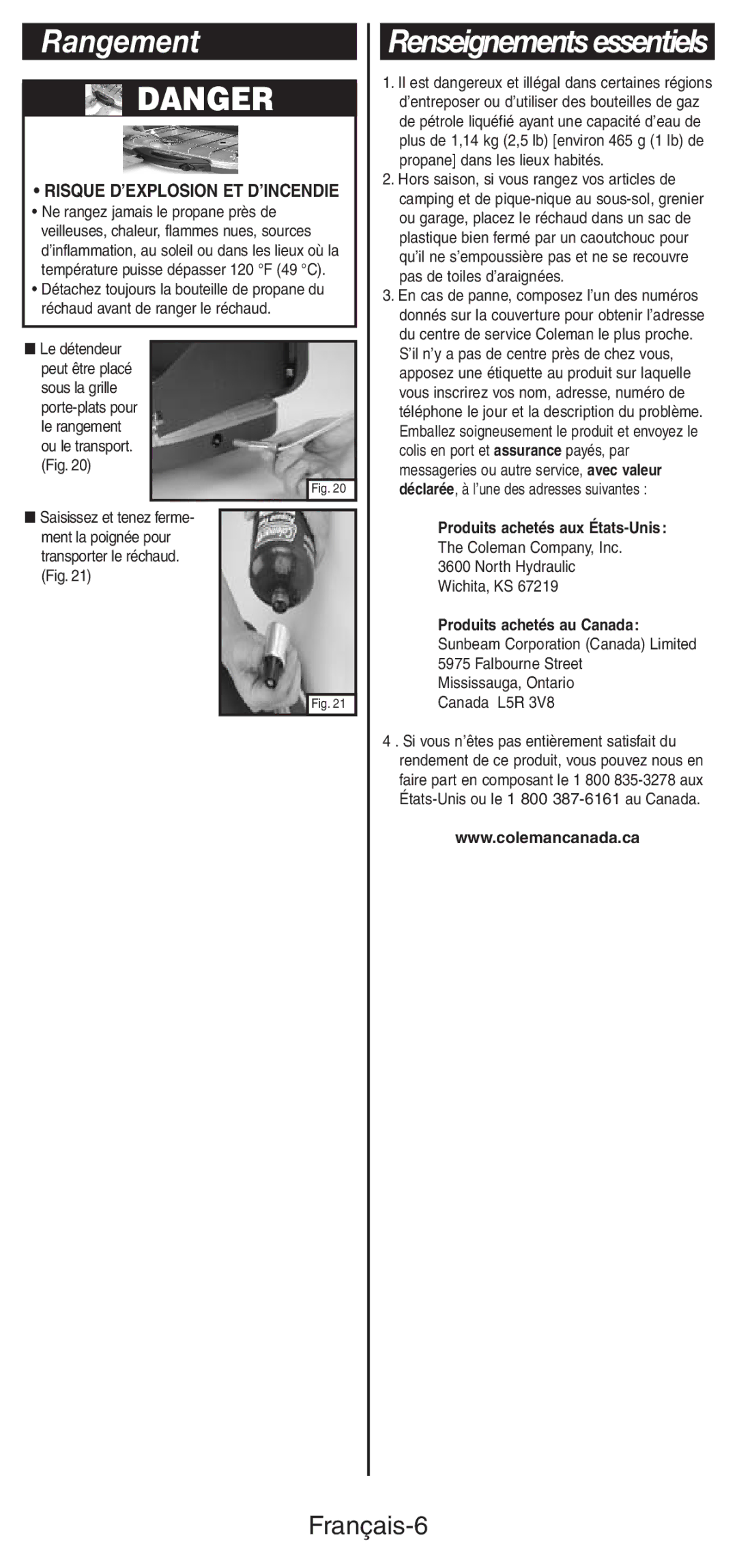 Coleman 5469A manual Rangement, Renseignements essentiels, Français-6, Risque D’EXPLOSION ET D’INCENDIE 