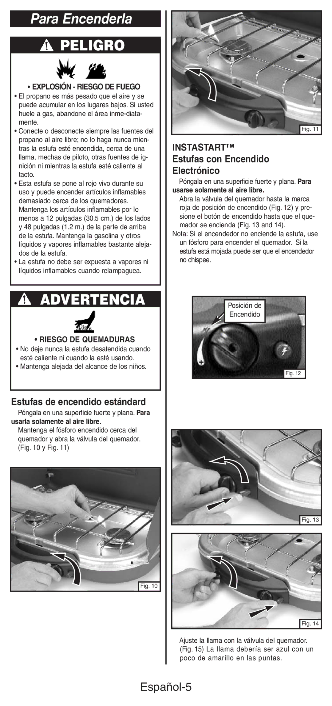 Coleman 5469A manual Para Encenderla, Español-5, Explosión Riesgo DE Fuego, Riesgo DE Quemaduras 