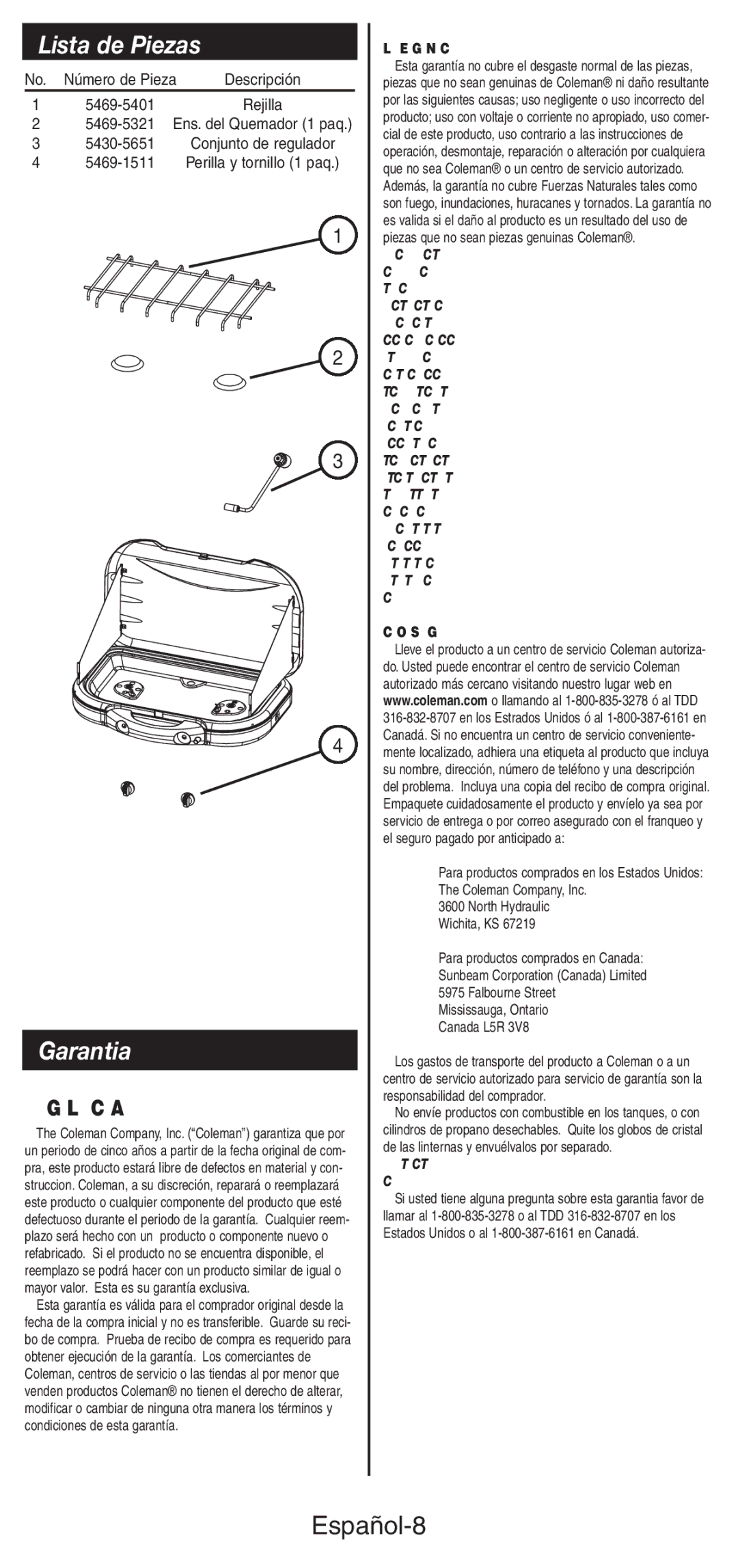 Coleman 5469A manual Lista de Piezas, Garantia, Español-8 