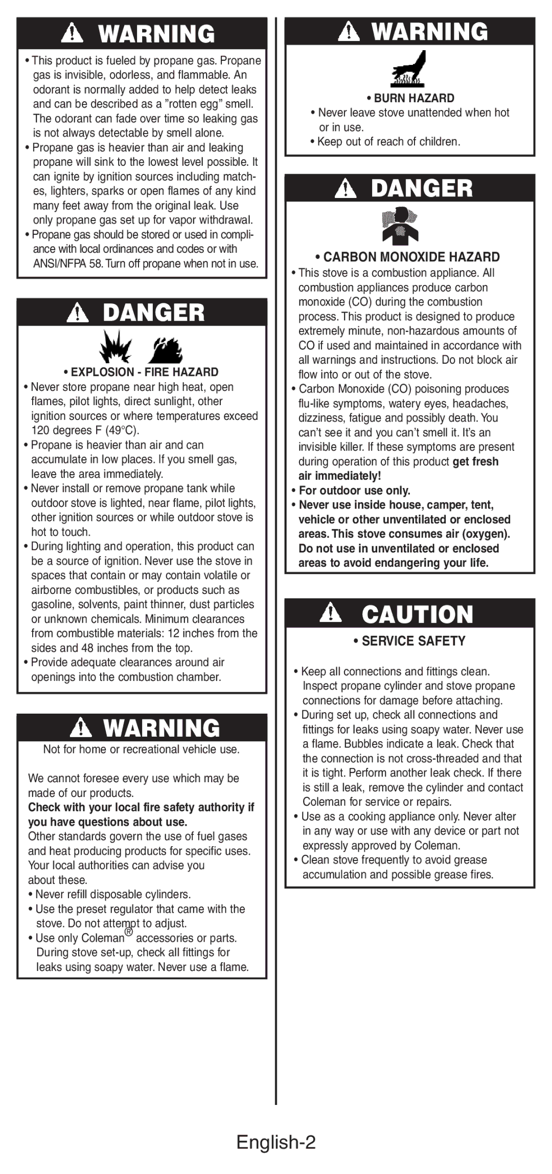 Coleman 5469A manual English-2, Carbon Monoxide Hazard, Service Safety, Explosion Fire Hazard, Burn Hazard 