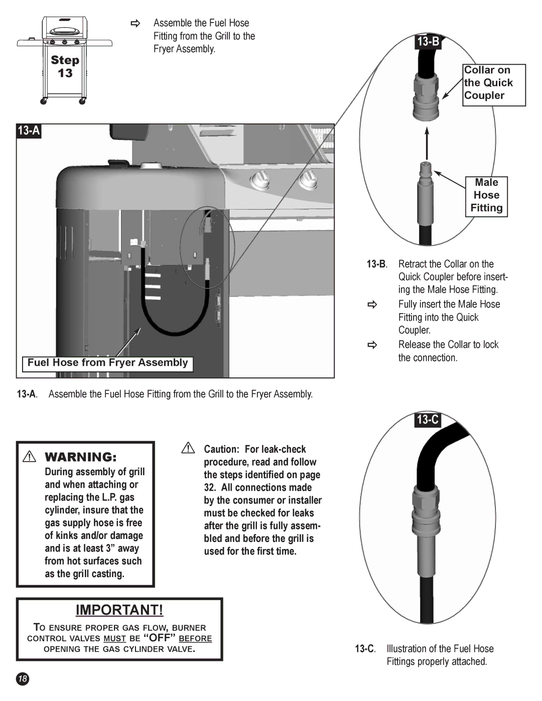 Coleman 5600 manual 13-A, 13-B, 13-C, Collar on the Quick Coupler Male Hose Fitting, Fuel Hose from Fryer Assembly 