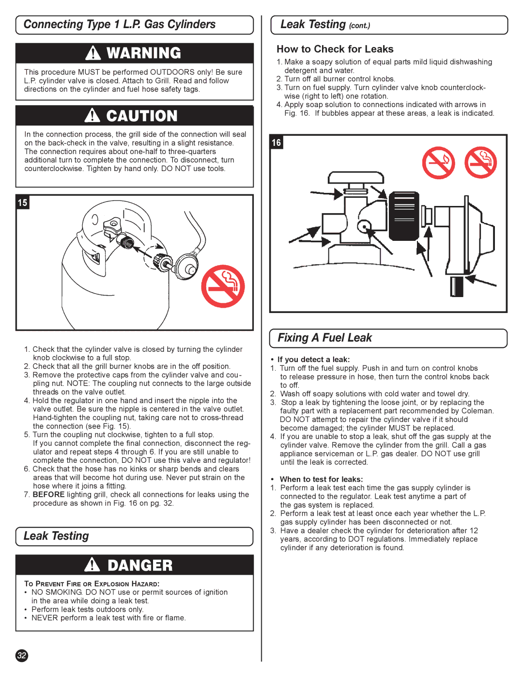 Coleman 5600 manual Connecting Type 1 L.P. Gas Cylinders, Leak Testing, Fixing a Fuel Leak, How to Check for Leaks 