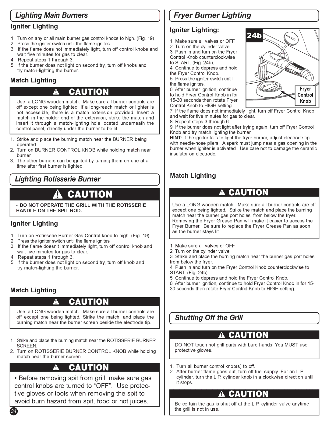 Coleman 5600 manual Lighting Main Burners Fryer Burner Lighting, 24b, Lighting Rotisserie Burner, Shutting Off the Grill 