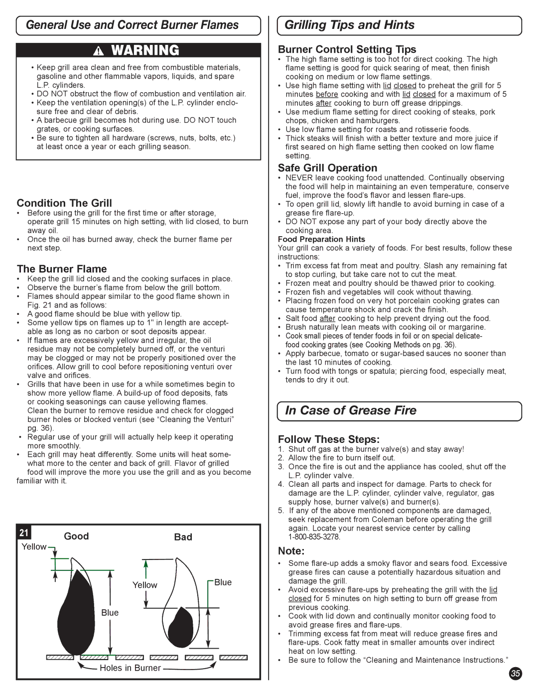 Coleman 5600 manual General Use and Correct Burner Flames, Grilling Tips and Hints, Case of Grease Fire 