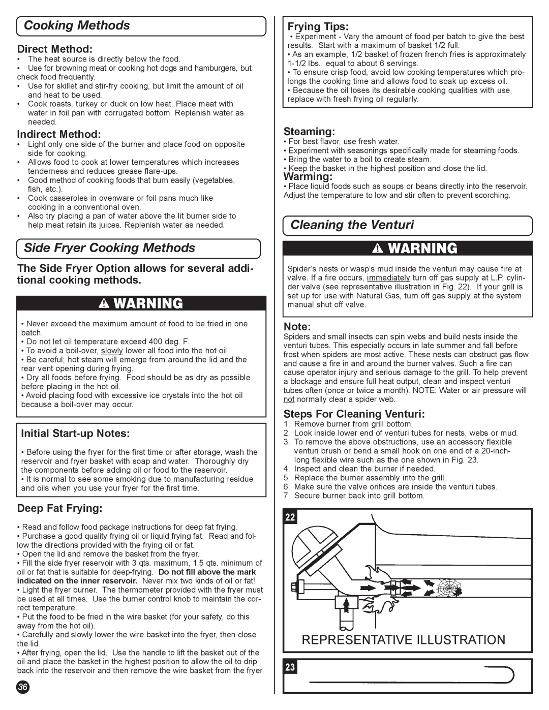 Coleman 5600 manual Side Fryer Cooking Methods, Cleaning the Venturi 