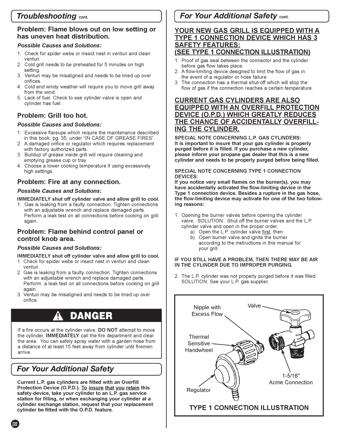 Coleman 5600 manual For Your Additional Safety, Problem Grill too hot, Problem Fire at any connection 