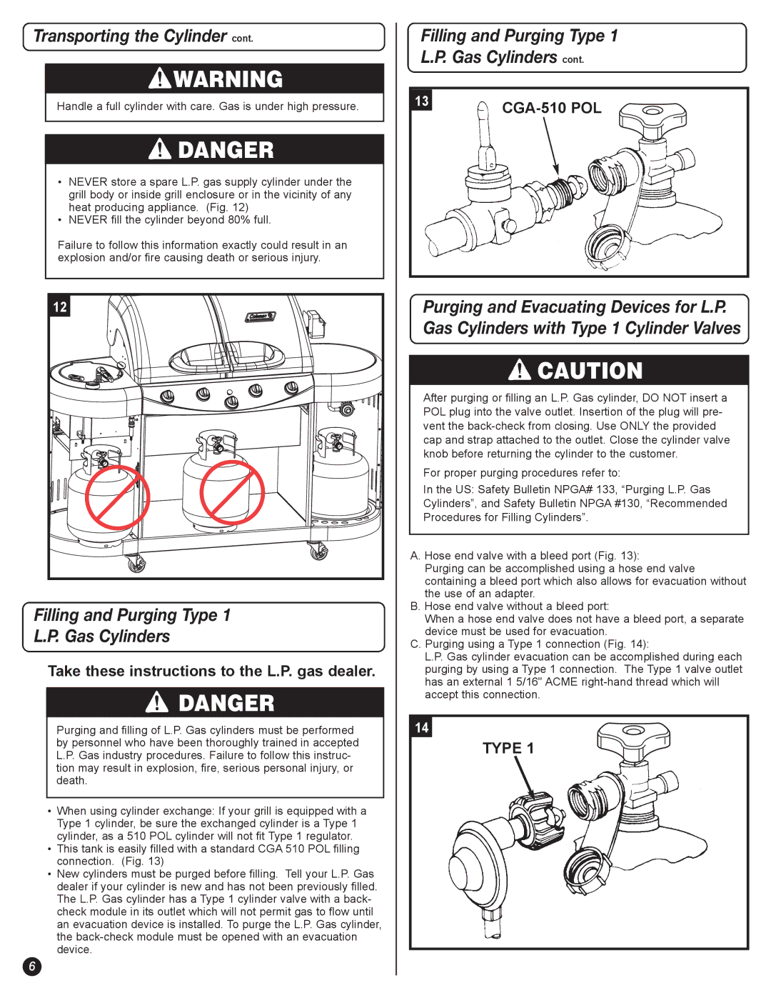 Coleman 5600 manual Filling and Purging Type Gas Cylinders, Take these instructions to the L.P. gas dealer, CGA-510 POL 