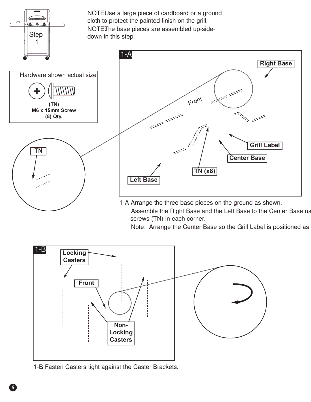 Coleman 5600 manual Hardware shown actual size, Right Base, Grill Label, Center Base, Left Base, Locking Casters Front Non 