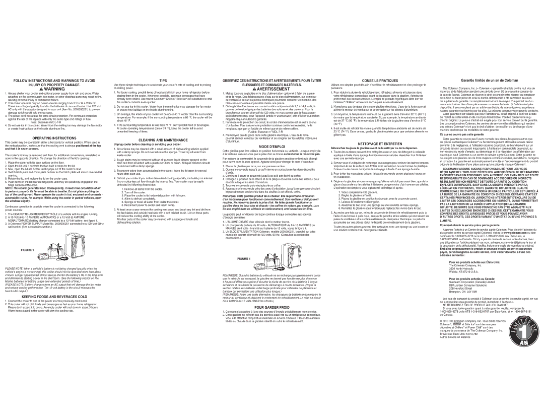 Coleman 5644 Operating Instructions, Keeping Foods and Beverages Cold, Tips, Cleaning and Maintenance, Mode D’EMPLOI 