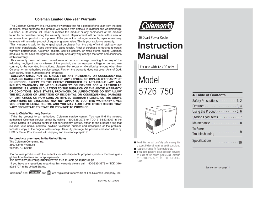 Coleman 5726-750 instruction manual Model 