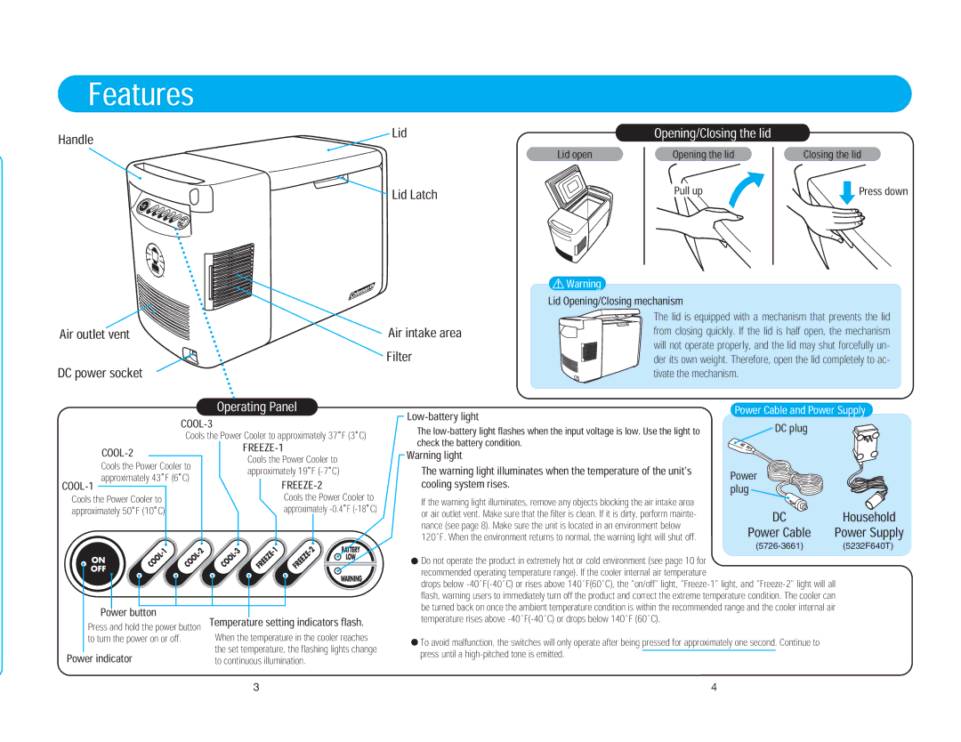 Coleman 5726-750 instruction manual Features, Opening/Closing the lid, Operating Panel, Power Cable and Power Supply 