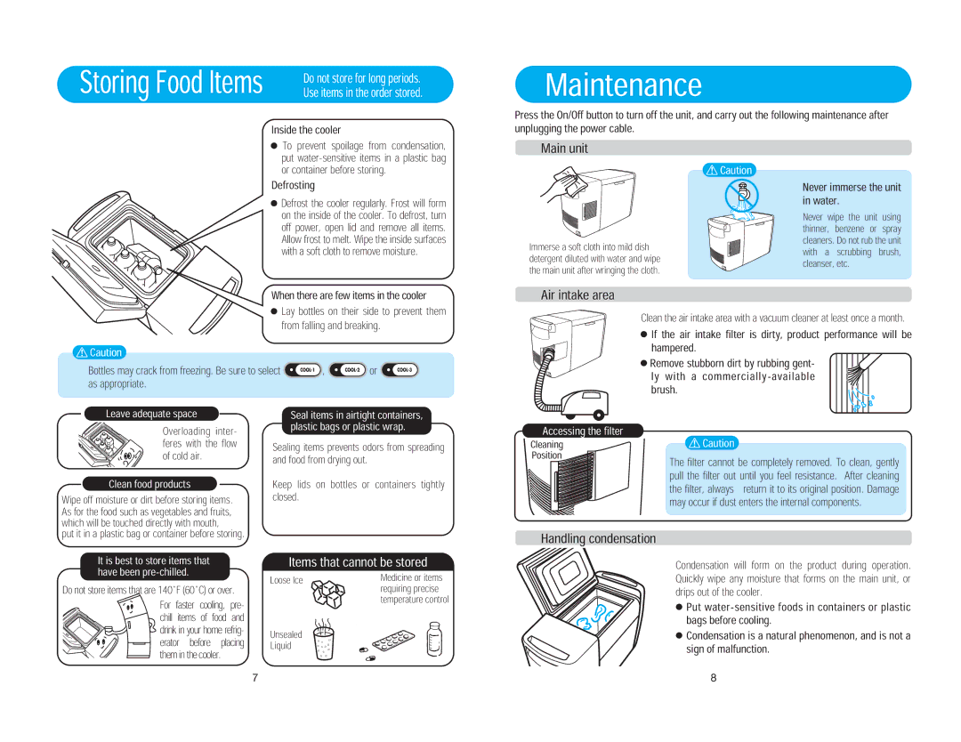 Coleman 5726-750 Maintenance, Items that cannot be stored, Leave adequate space, Clean food products, Accessing the filter 