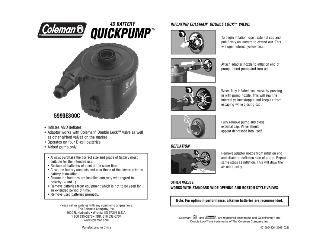 Coleman 5999E300C manual Quickpump, Inflating Coleman Double Lock Valve, Deflation 