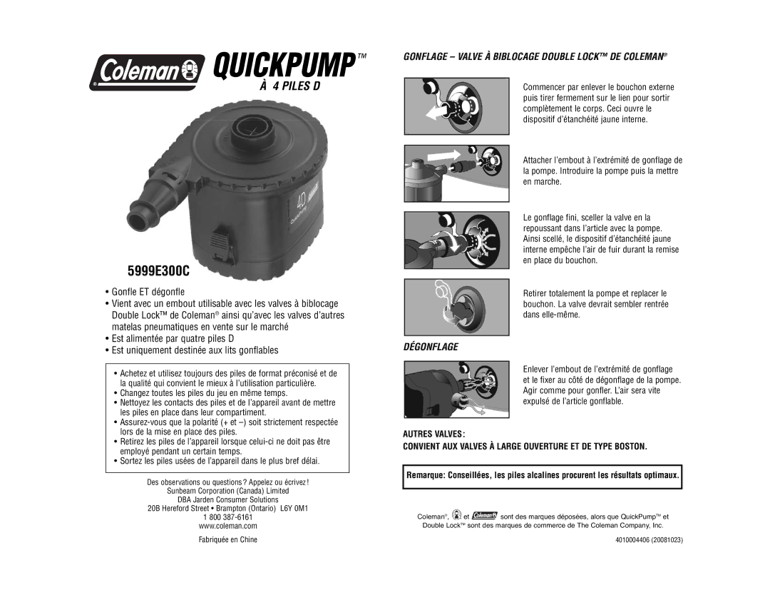 Coleman 5999E300C manual Gonfle ET dégonfle, Gonflage Valve À Biblocage Double Lock DE Coleman, Dégonflage 