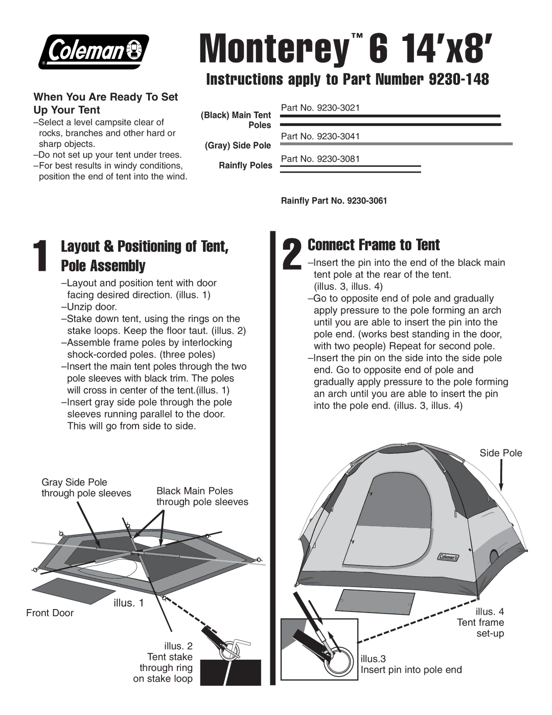 Coleman 6 14'x8 manual Monterey 6 14’x8’, Instructions apply to Part Number, Layout & Positioning of Tent, Pole Assembly 