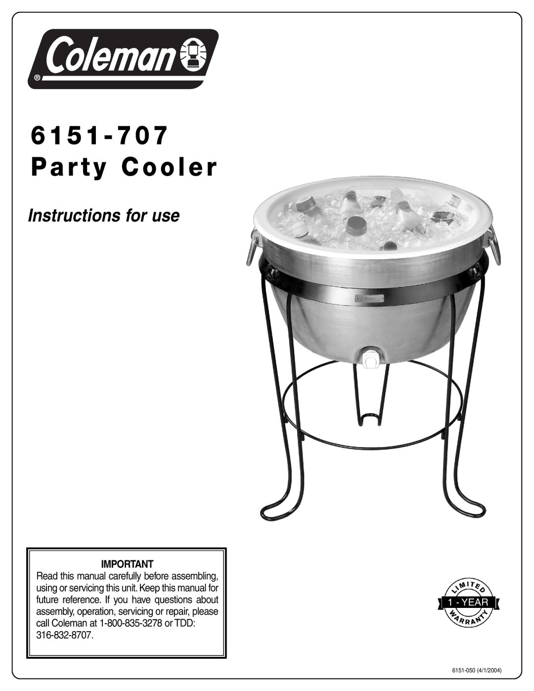 Coleman 6151-707 manual 5 1 7 0 7 Party Cooler 