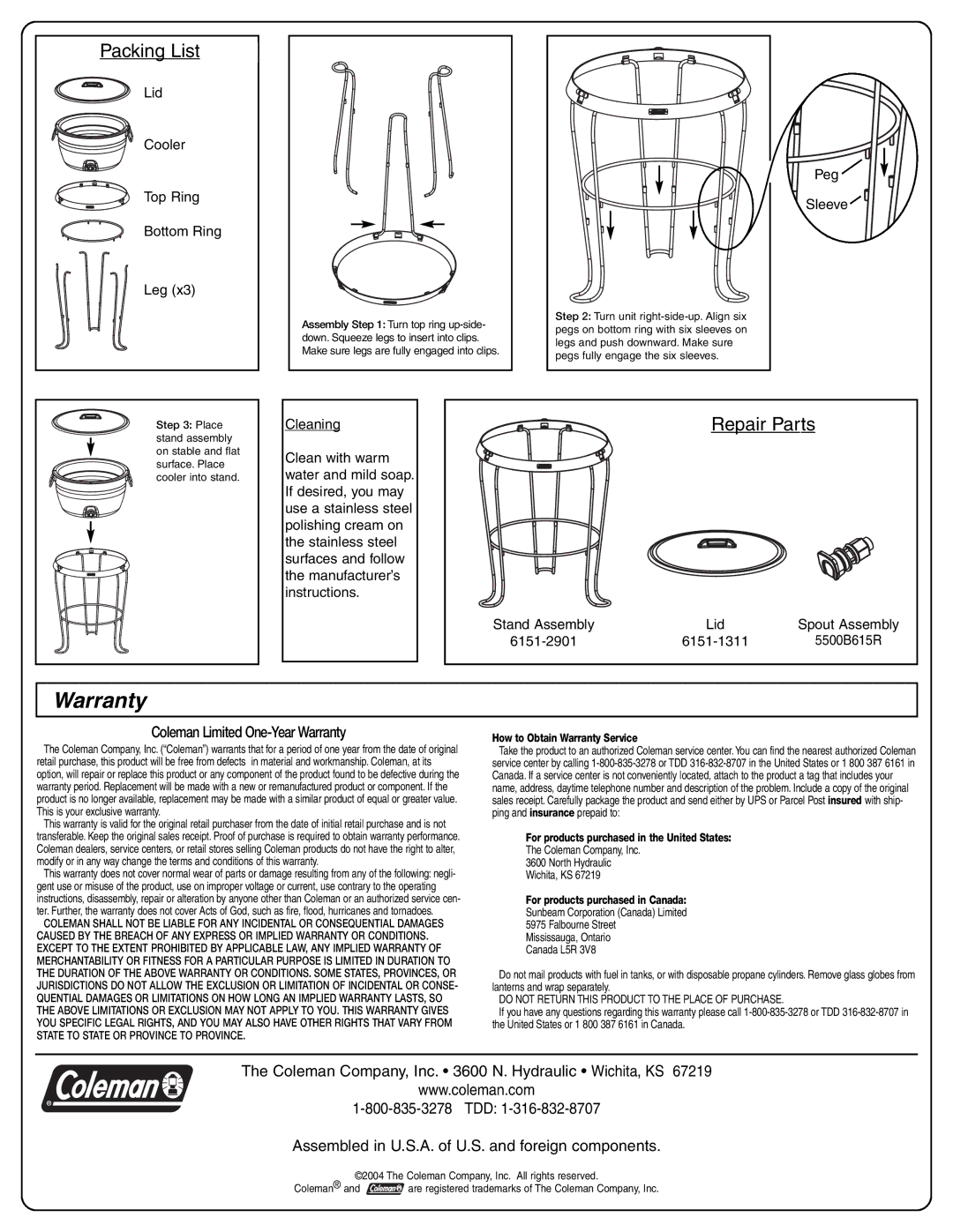 Coleman 6151-707 Packing List, Repair Parts, How to Obtain Warranty Service, For products purchased in the United States 