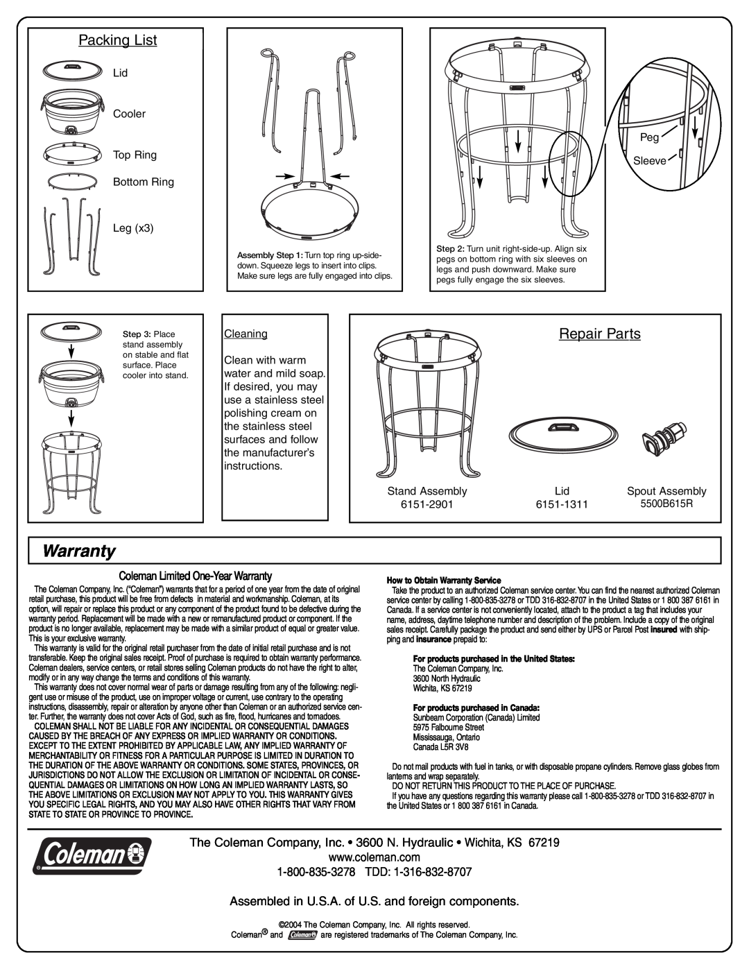 Coleman 6151-707 manual The Coleman Company, Inc. 3600 N. Hydraulic Wichita, KS, Warranty, Packing List, Repair Parts 