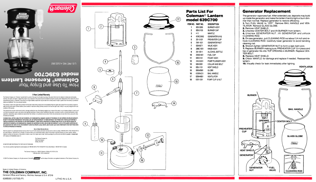 Coleman 639C700 warranty Year Limited Warranty, How to Obtain Warranty Service 