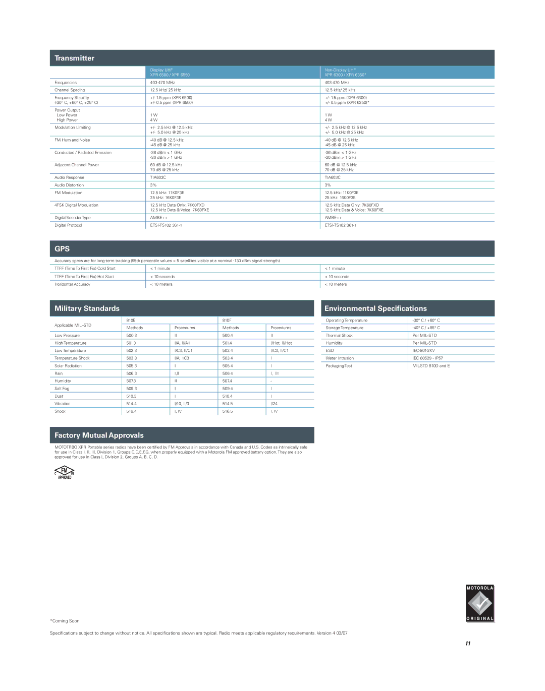 Coleman 6300, 6550, 6500, 6350 brochure Transmitter, Military Standards, Environmental Speciﬁcations, Factory Mutual Approvals 