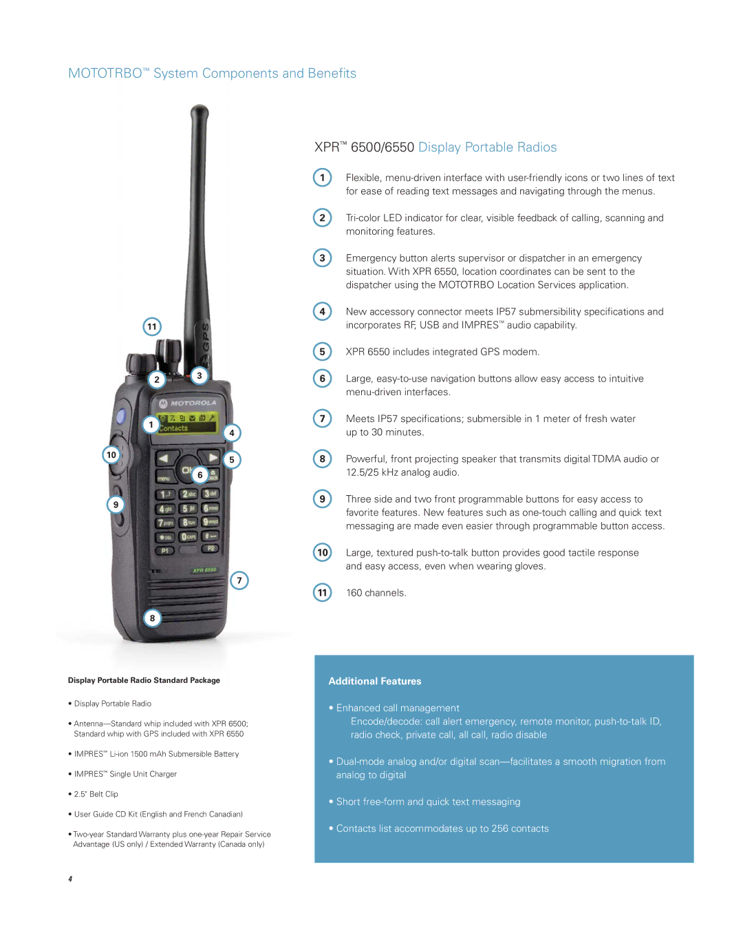 Coleman 6350, 6300 Mototrbo System Components and Beneﬁts, XPR 6500/6550 Display Portable Radios, Additional Features 