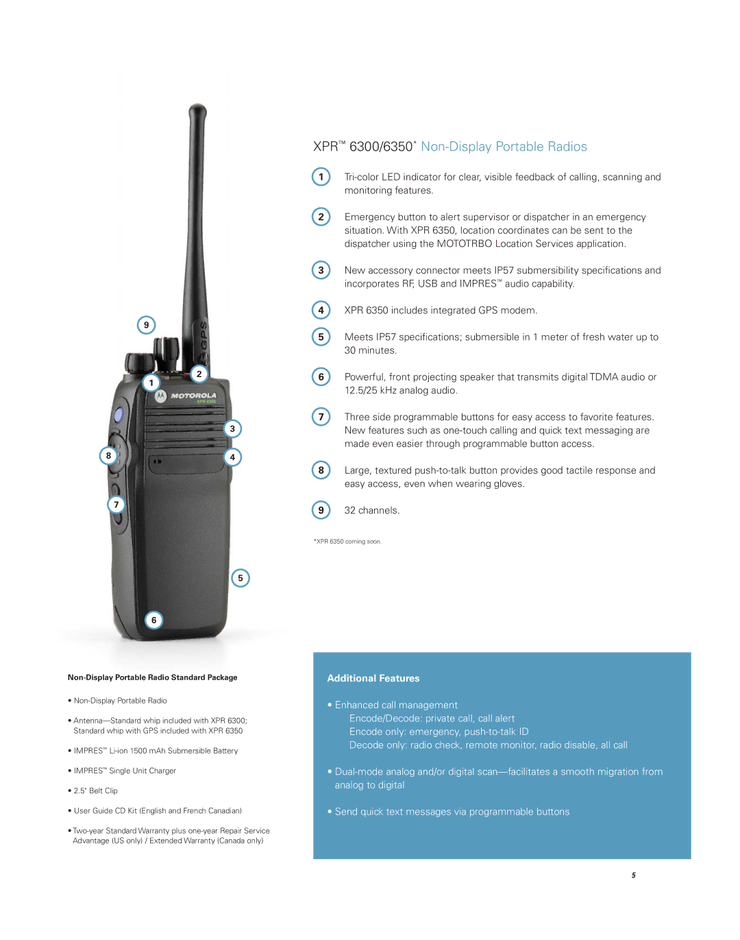 Coleman 6500, 6550 brochure XPR 6300/6350* Non-Display Portable Radios, Non-Display Portable Radio Standard Package 