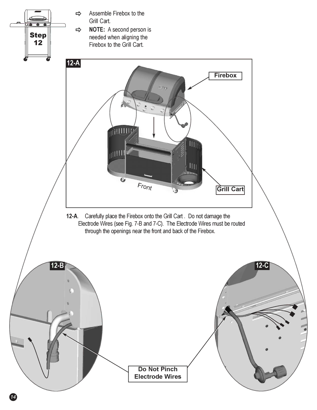 Coleman 7700 Series, 7700 LP Gas Series manual 12-A, 12-B, Firebox Grill Cart, Do Not Pinch Electrode Wires 