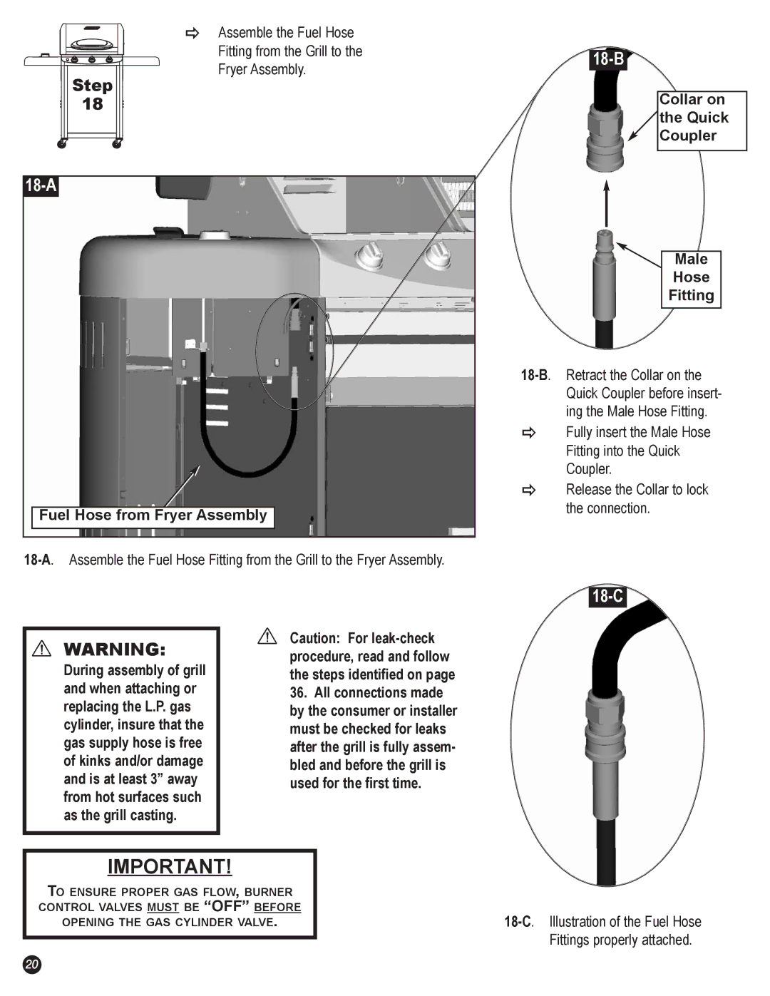 Coleman 7700 Series manual 18-A, 18-B, 18-C, Collar on the Quick Coupler Male Hose Fitting, Fuel Hose from Fryer Assembly 