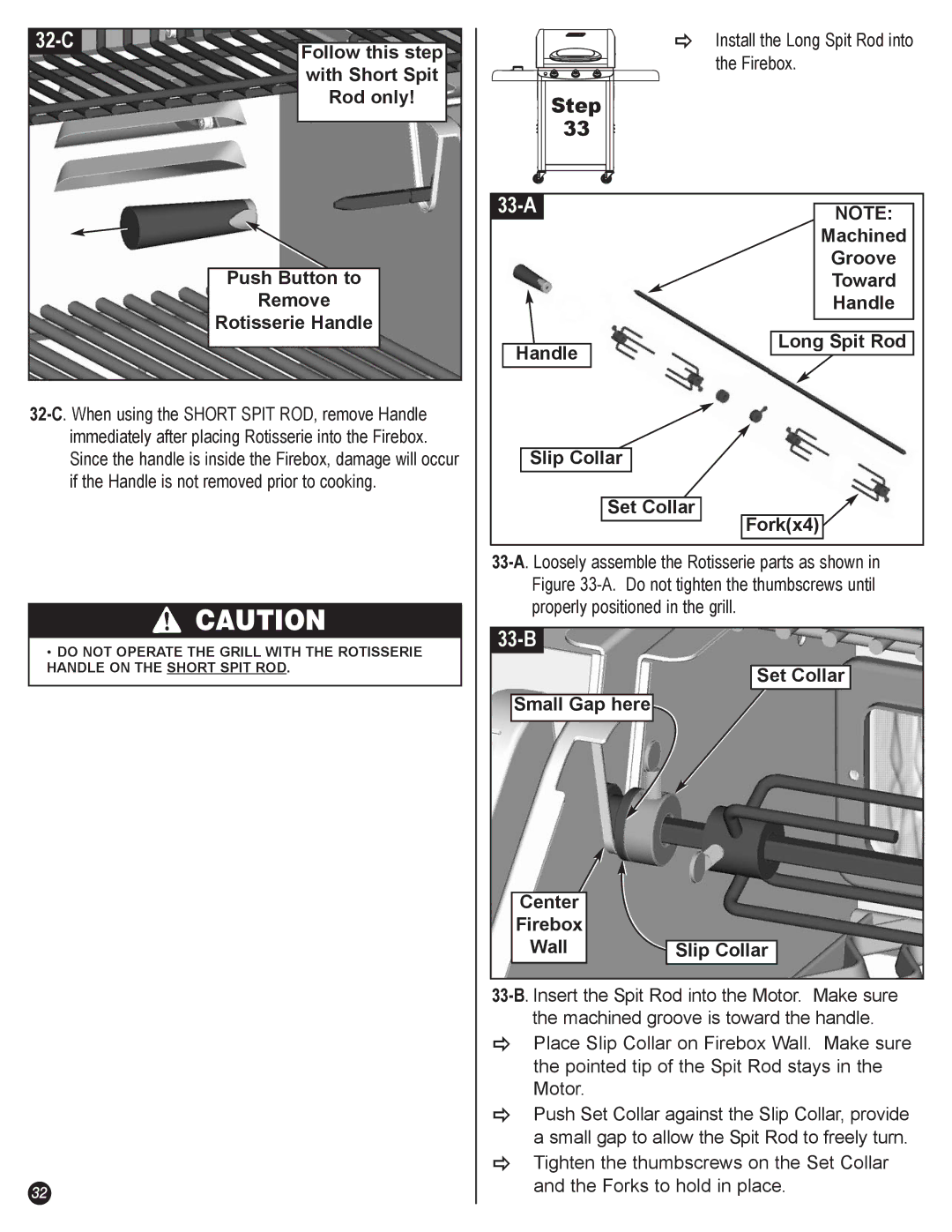 Coleman 7700 Series, 7700 LP Gas Series manual 32-C, 33-A, 33-B, Handle Long Spit Rod Slip Collar Set Collar Forkx4 