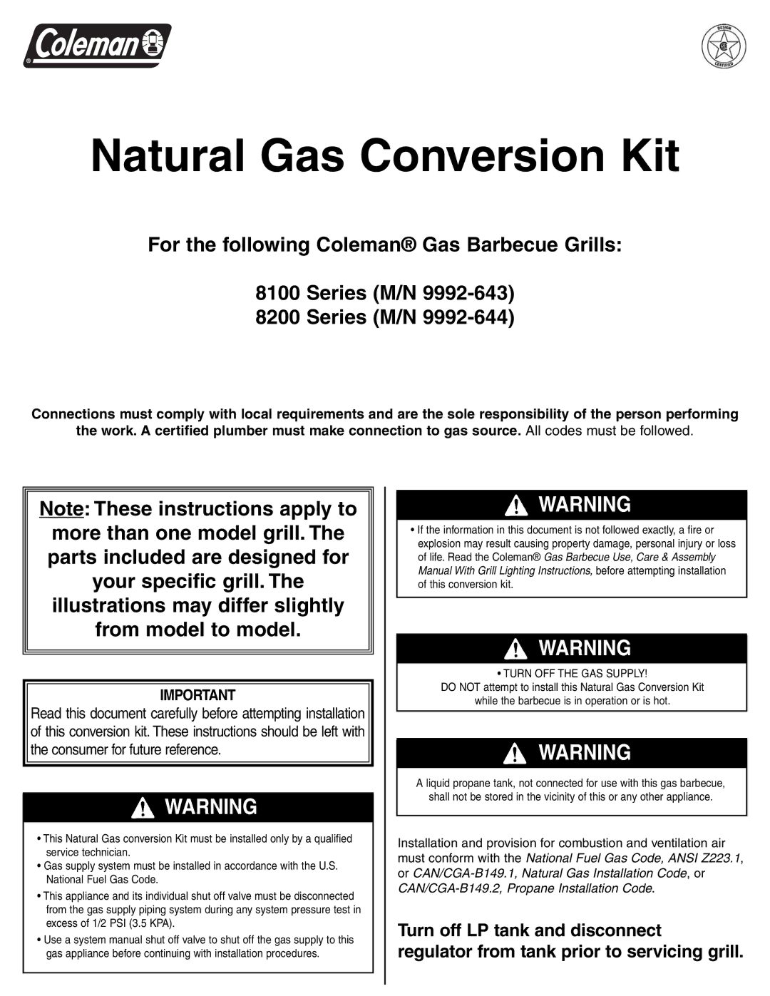 Coleman 8200 Series, 8100 Series system manual Natural Gas Conversion Kit 