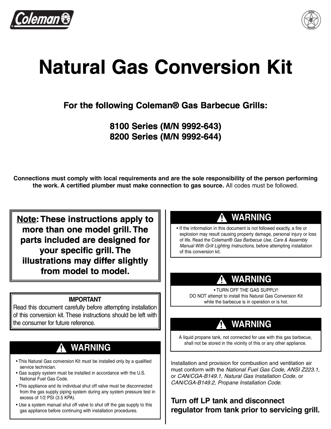 Coleman 8200 Series, 8100 Series system manual Natural Gas Conversion Kit, Series M/N 