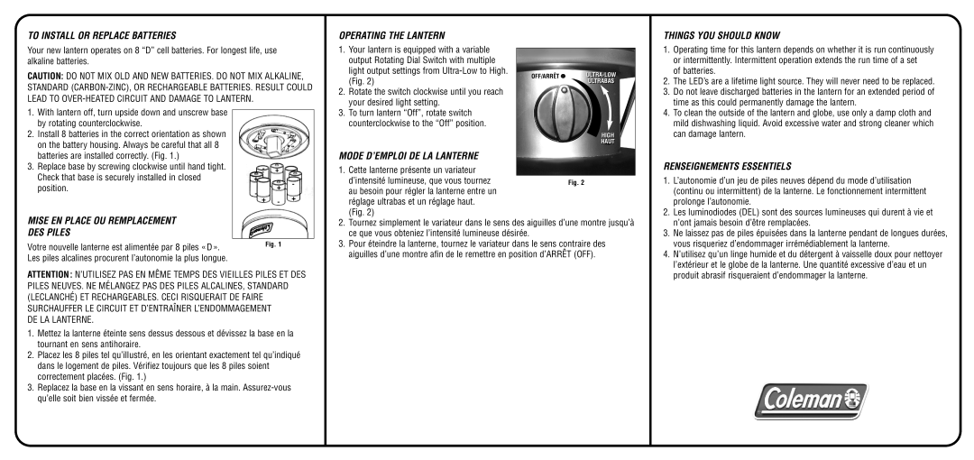 Coleman 8D To Install or Replace Batteries, Operating the Lantern, Things YOU should Know, Mode D’EMPLOI DE LA Lanterne 