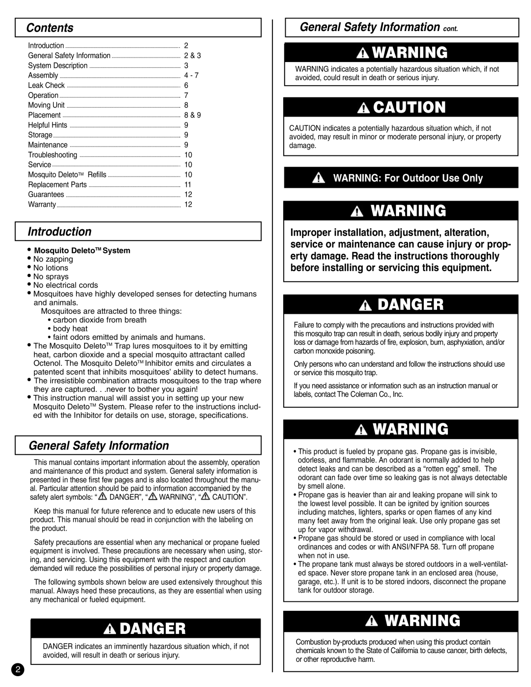 Coleman 8fa3 manual Contents, Introduction, General Safety Information 