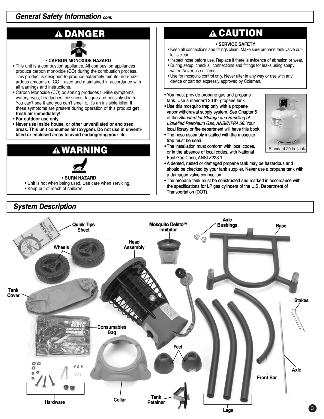 Coleman 8fa3 System Description, Wheels, Tank Cover Stakes Consumables Bag Feet Axle Front Bar, Hardware, Collar, Danger 