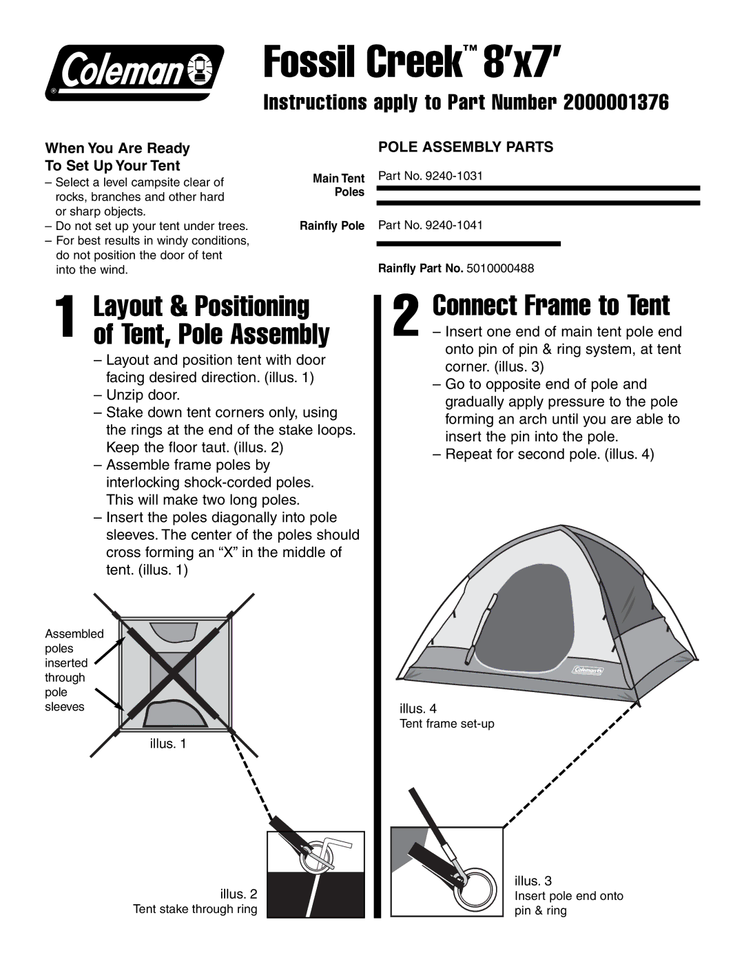 Coleman 8'x7 manual Fossil Creek 8’x7’, Connect Frame to Tent, Layout & Positioning of Tent, Pole Assembly 