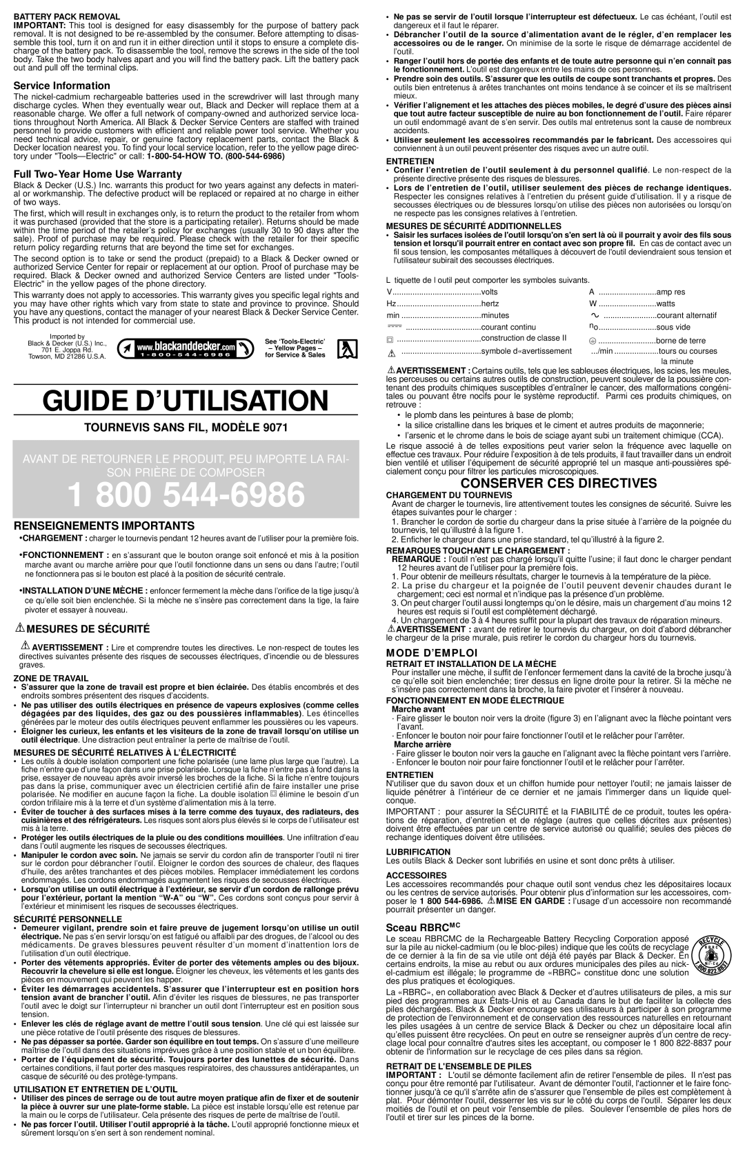 Coleman 9071 Service Information, Full Two-Year Home Use Warranty, Mesures DE SÉ Curité, Mode D’EMPLOI, Sceau Rbrcmc 