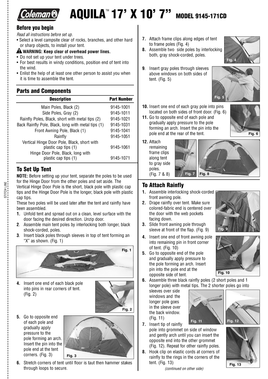 Coleman 9145-171CD manual Before you begin, Parts and Components, To Set Up Tent, To Attach Rainfly 