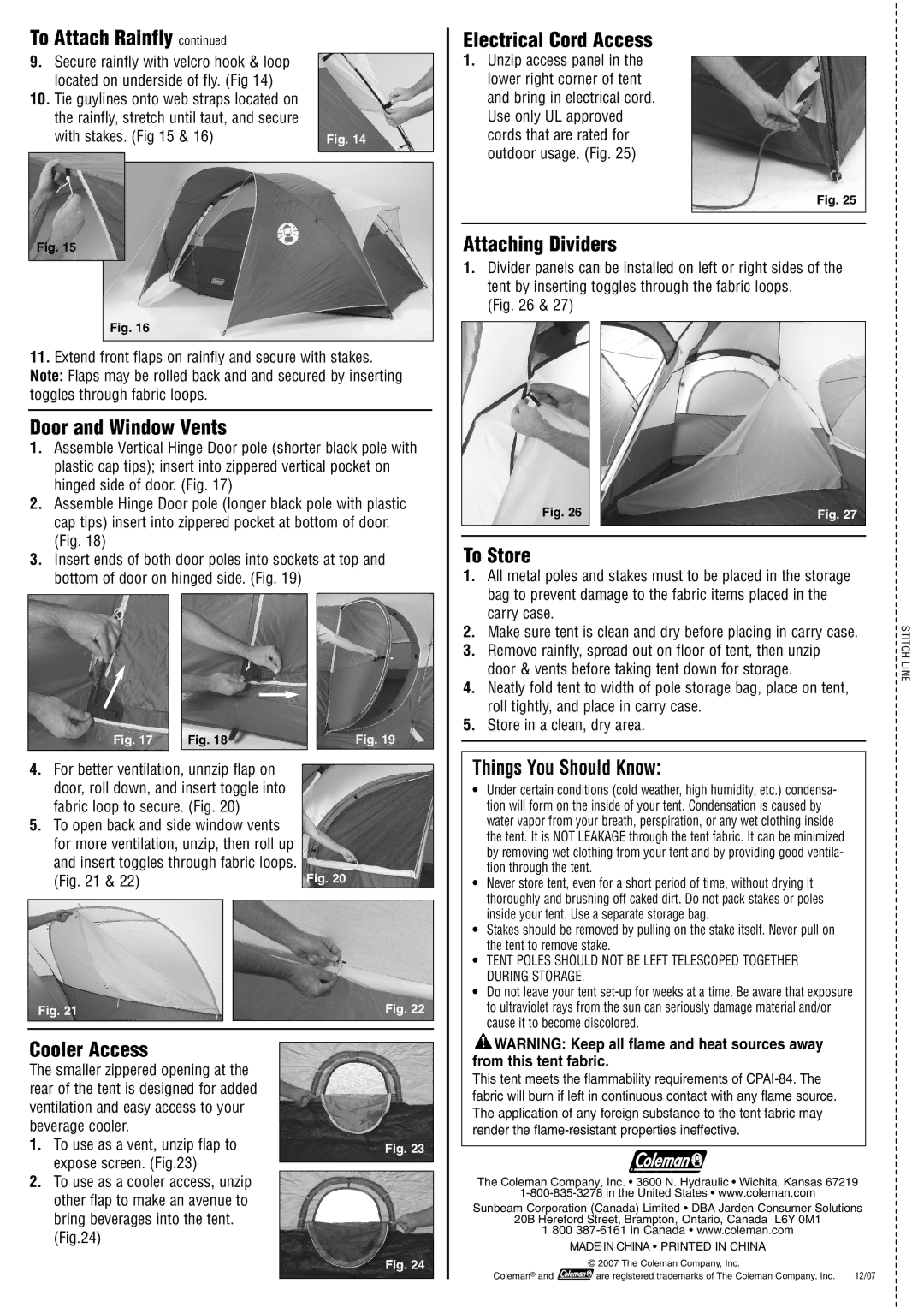 Coleman 9145-171CD manual Door and Window Vents, Cooler Access, Electrical Cord Access, Attaching Dividers, To Store 