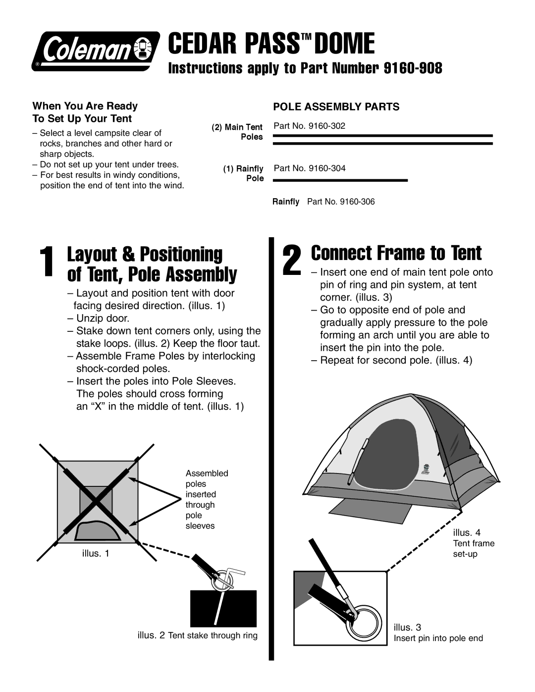 Coleman 9160-908 manual Cedar Passtm Dome, Connect Frame to Tent, Layout & Positioning of Tent, Pole Assembly 