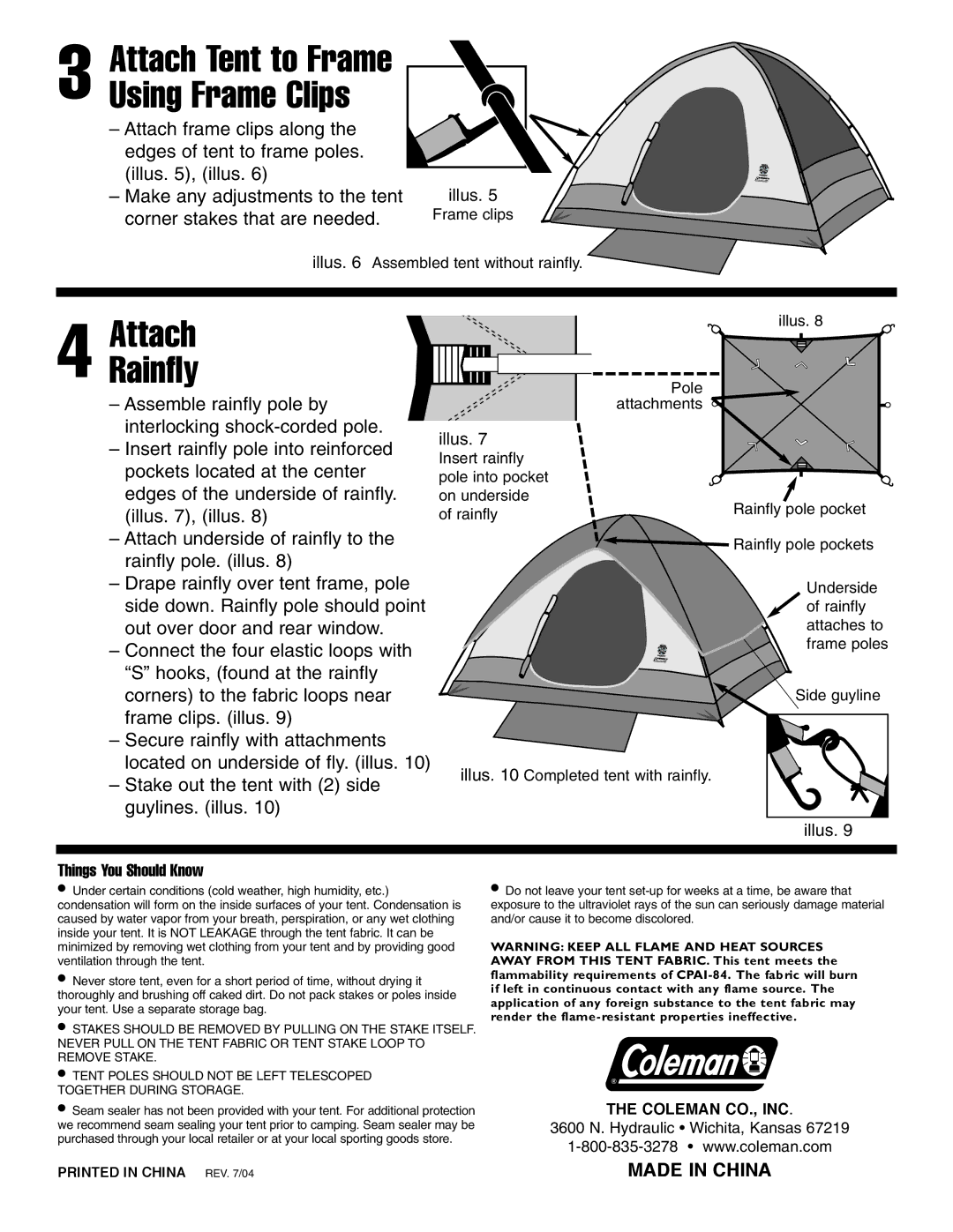 Coleman 9160-908 manual AttachRainfly, Attach Tent to Frame Using Frame Clips, Illus Things You Should Know 