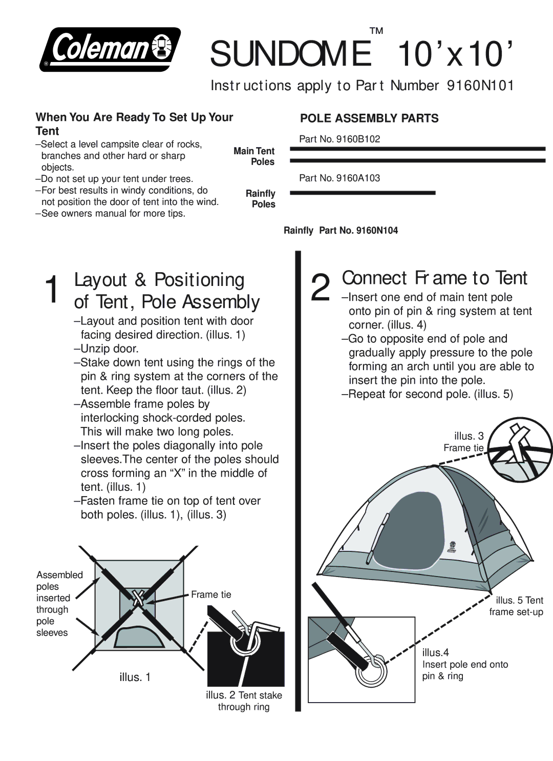 Coleman 9160N101 owner manual Sundome 10’x10’, Connect Frame to Tent, Layout & Positioning of Tent, Pole Assembly 