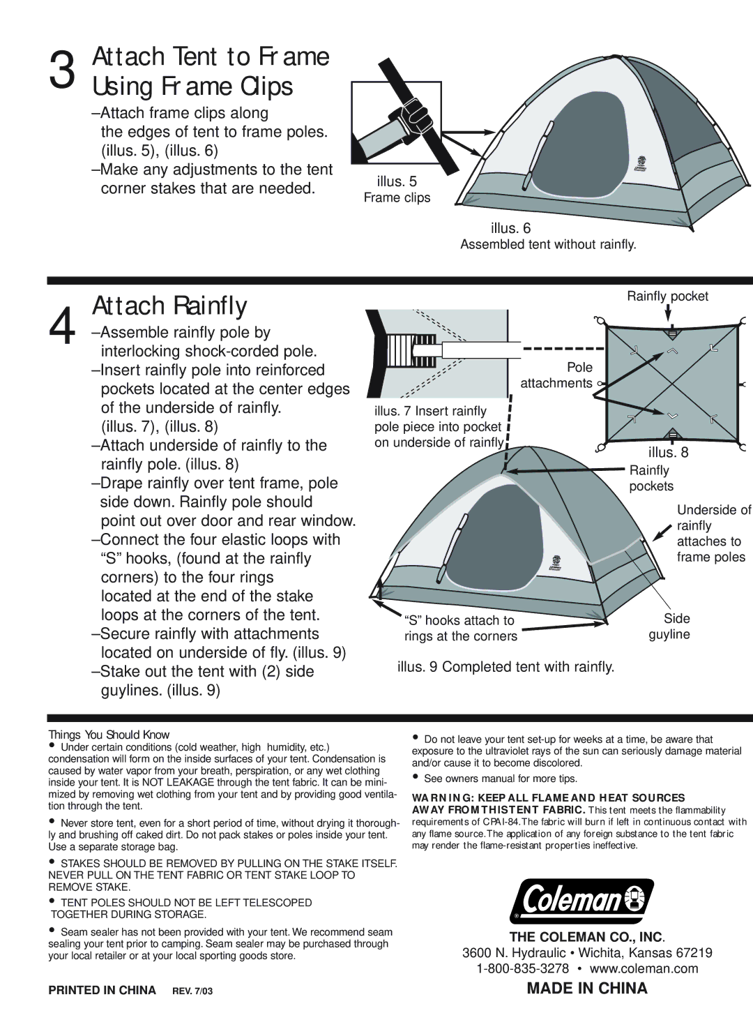 Coleman 9160N101 owner manual Attach Rainfly, Attach Tent to Frame Using Frame Clips 