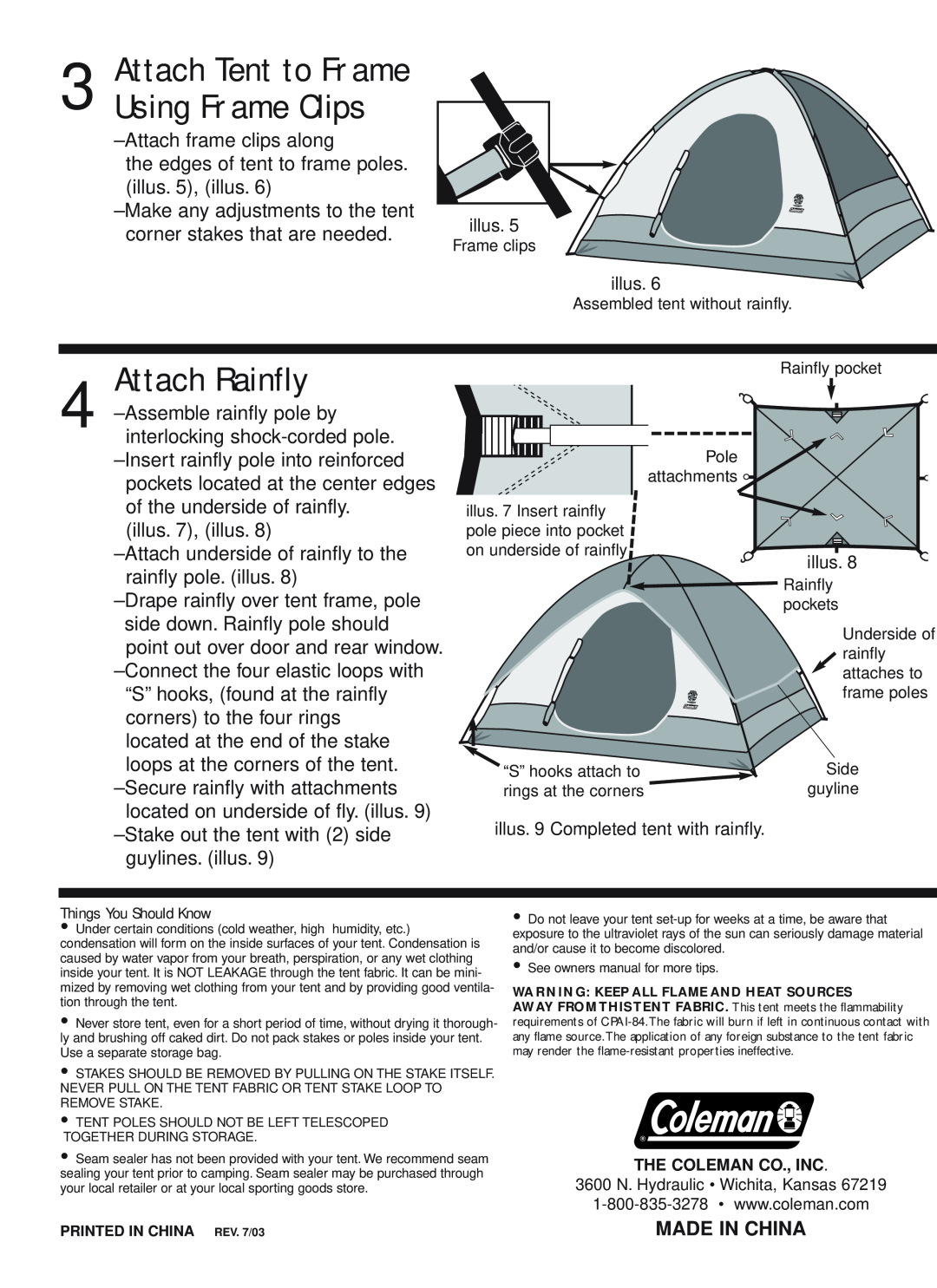 Coleman 9160N101 owner manual Attach Tent to Frame Using Frame Clips, Made In China, Attach Rainfly 
