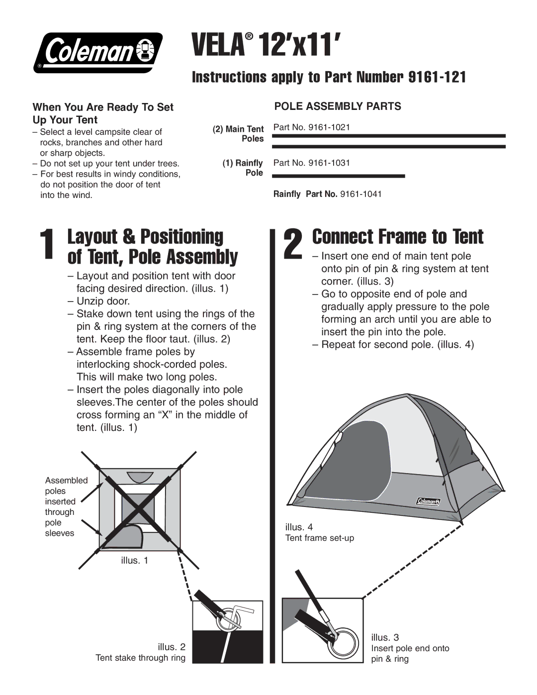 Coleman 9161-121 manual Vela 12’x11’, Connect Frame to Tent, Layout & Positioning of Tent, Pole Assembly, Illus 