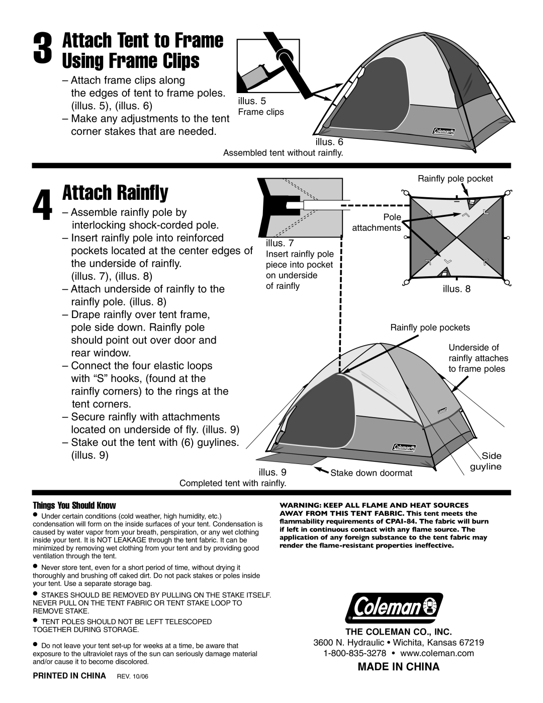 Coleman 9161-121 manual Attach Rainfly, Attach Tent to Frame Using Frame Clips, Things You Should Know 